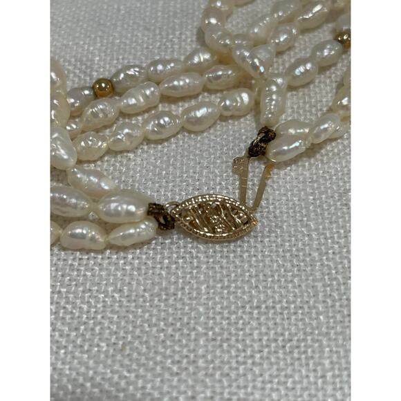3 Strand Freshwater Rice Pearl Necklace 18" With 14k Yellow Gold Clasp & Beads - Picture 5 of 9